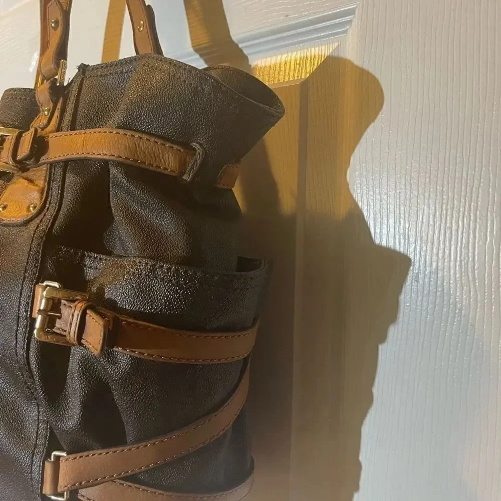 Michael Kors Brown coated canvas& tan leather straps &trims large shoulder bag.